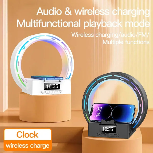 Altavoz inalámbrico 4 en 1 compatible con Bluetooth, base de carga, lámpara de noche con despertador, luz de despertador para dormitorio